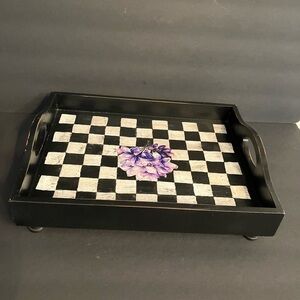 Black Checkerboard Serving Tray with Purple Floral Accent